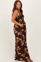 Brown Floral Smocked Maternity Jumpsuit