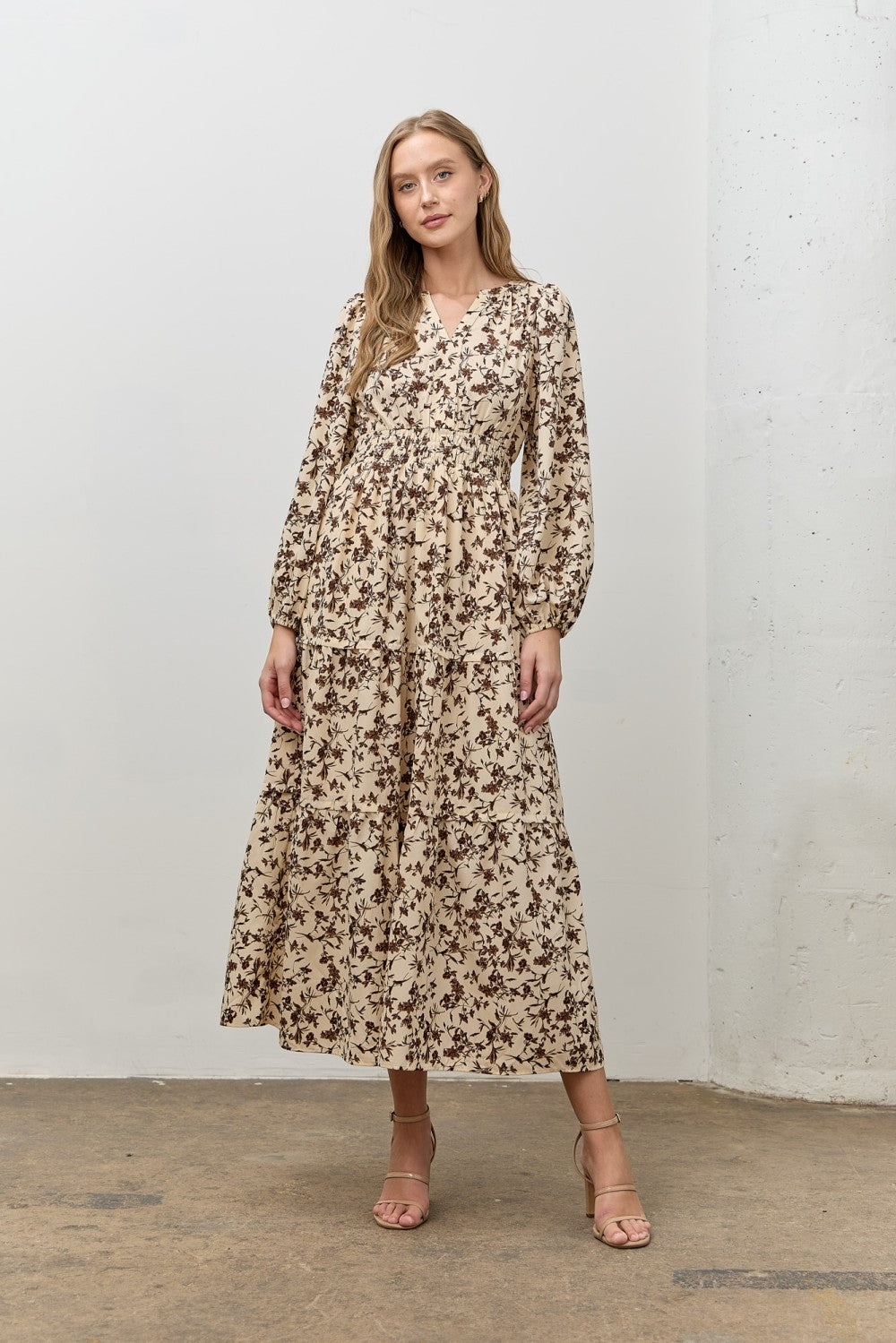 Cream Floral Smocked Waist Long Sleeve Maternity Midi Dress