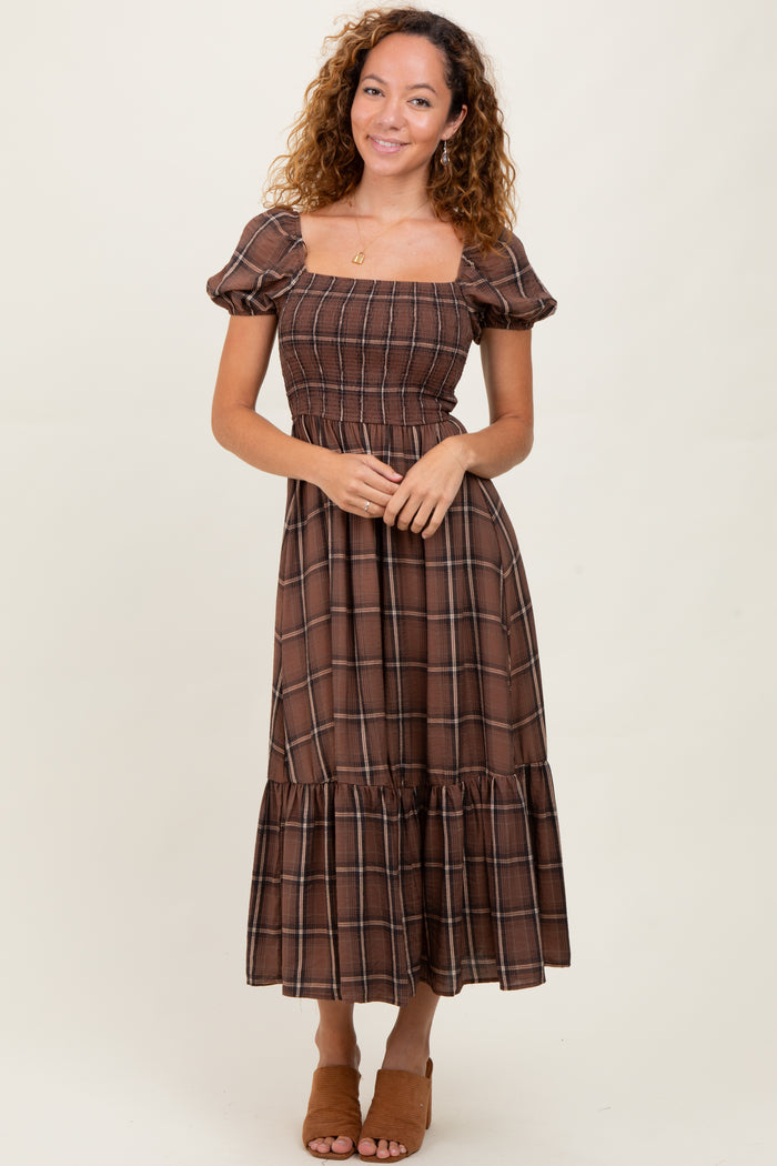 Brown Plaid Smocked Puff Sleeve Midi Dress