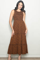 Brown Animal Print Sleeveless Smocked Tiered Maternity Maxi Dress