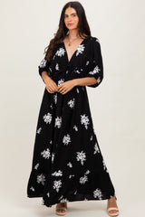 Black Vintage Floral Embroidered V-Neck 3/4 Sleeve Maxi Dress