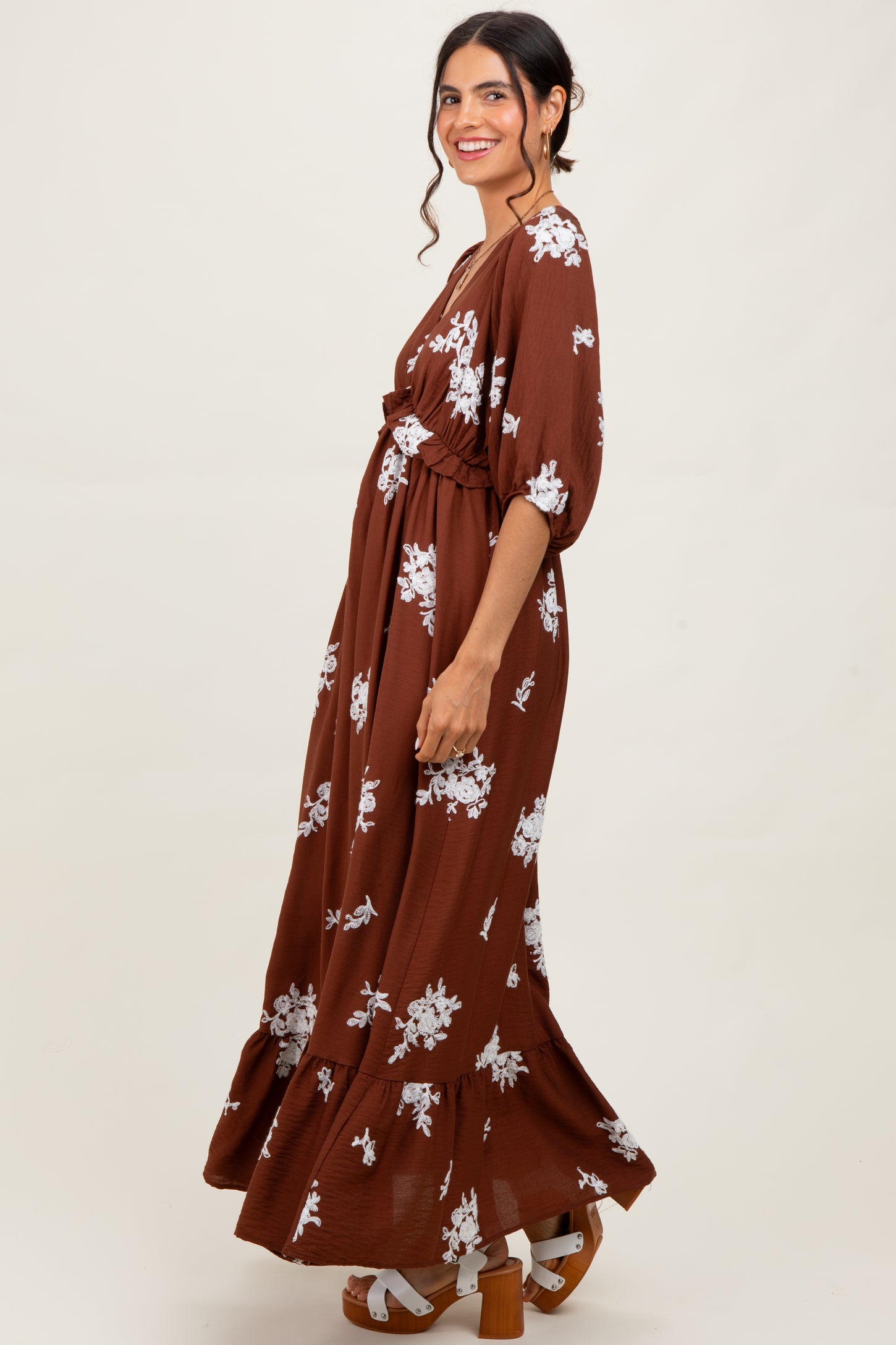 Brown Vintage Floral Embroidered V-Neck 3/4 Sleeve Maxi Dress