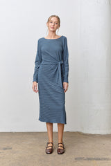 Navy Side Tie Long Sleeve Midi Dress