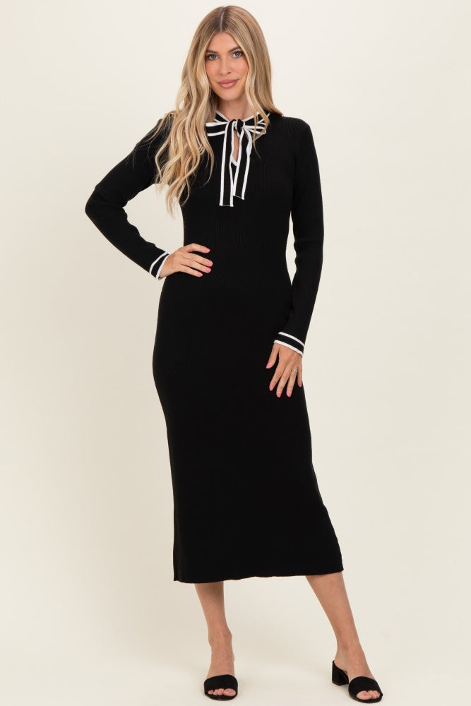 Black Tie Neck Sweater Midi Dress