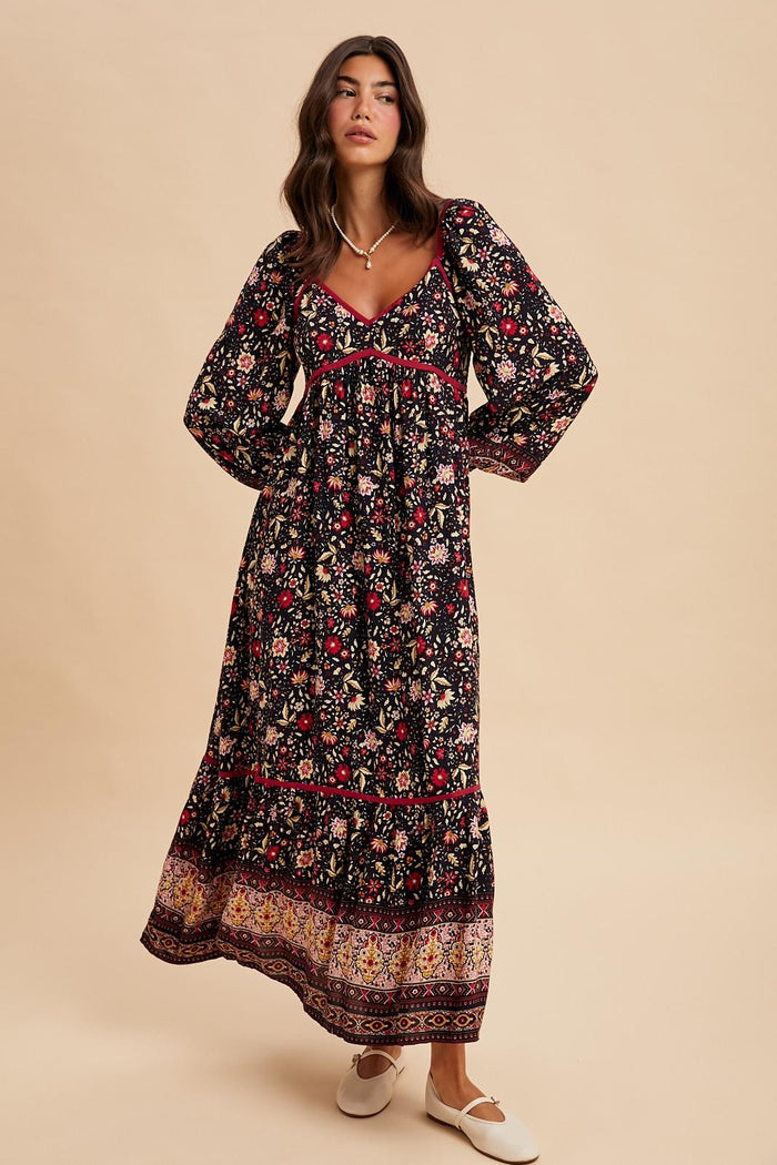 Navy Floral Border Print Long Sleeve Maxi Dress