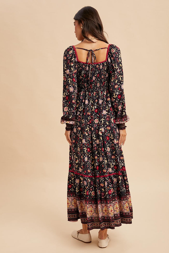 Navy Floral Border Print Long Sleeve Maxi Dress