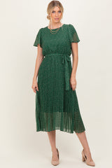 Forest Green Leaf Print Pleated Maternity Midi Dress