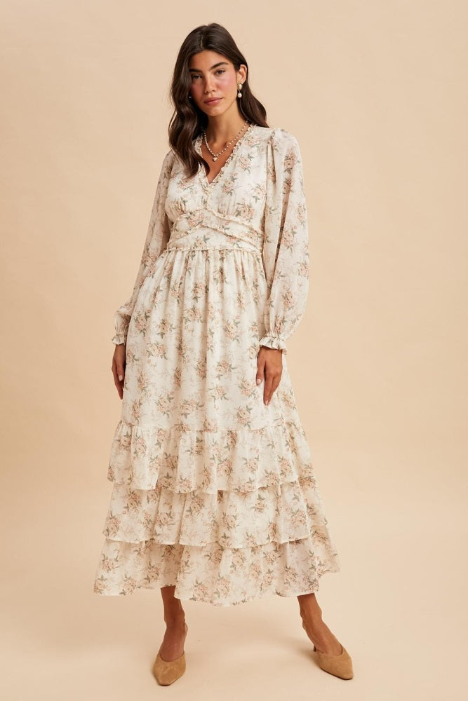 Cream Vintage Floral Ruffle Tiered Hem Maxi Dress
