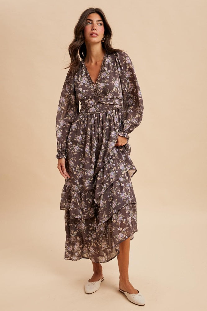 Brown Vintage Floral Ruffle Tiered Hem Maxi Dress