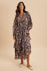 Brown Vintage Floral Ruffle Tiered Hem Maxi Dress