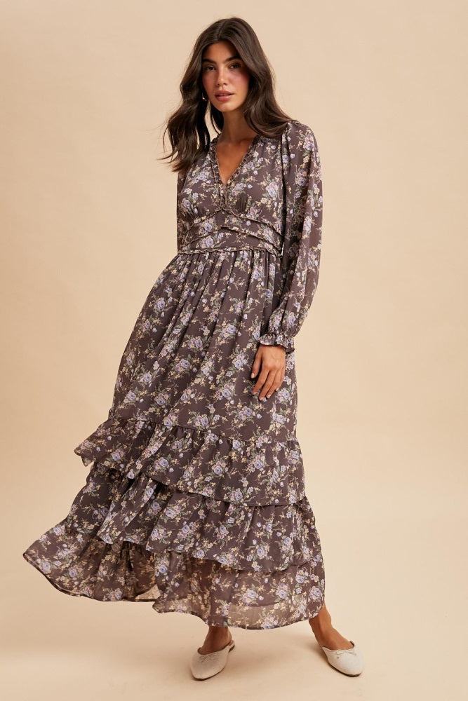 Brown Vintage Floral Ruffle Tiered Hem Maxi Dress