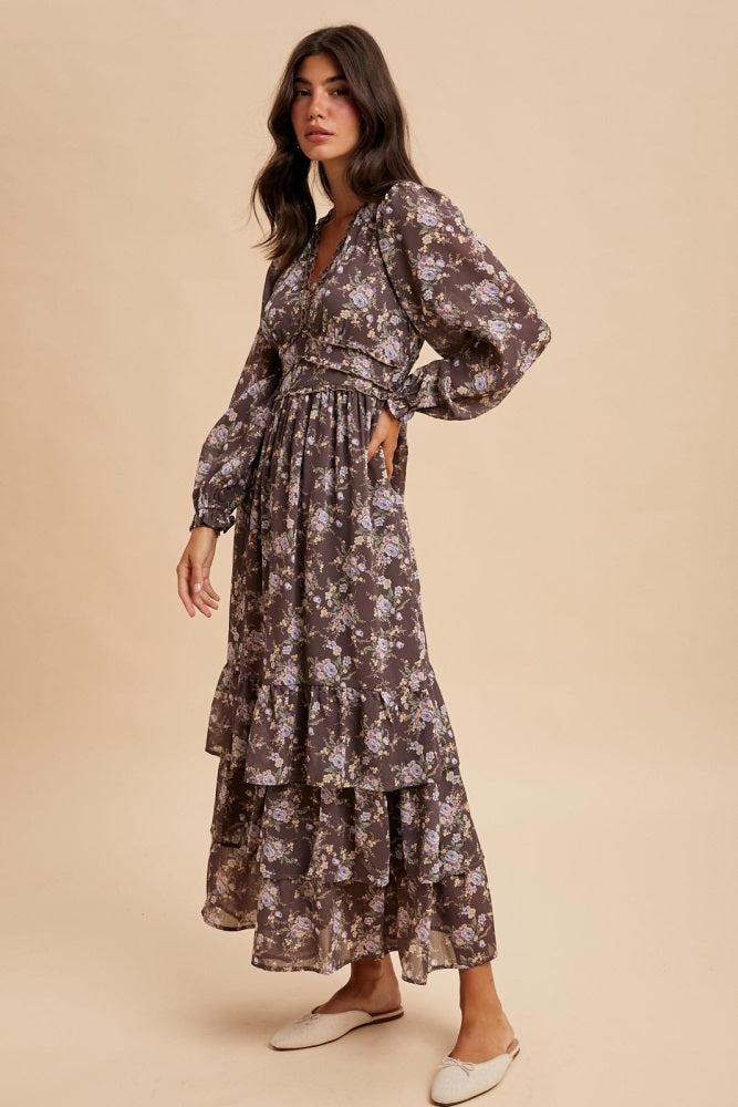 Brown Vintage Floral Ruffle Tiered Hem Maxi Dress