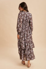 Brown Vintage Floral Ruffle Tiered Hem Maxi Dress