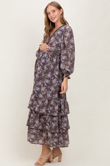 Brown Vintage Floral Ruffle Tiered Hem Maternity Maxi Dress