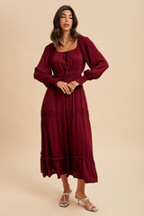 Burgundy Square Neck Long Sleeve Maxi Dress