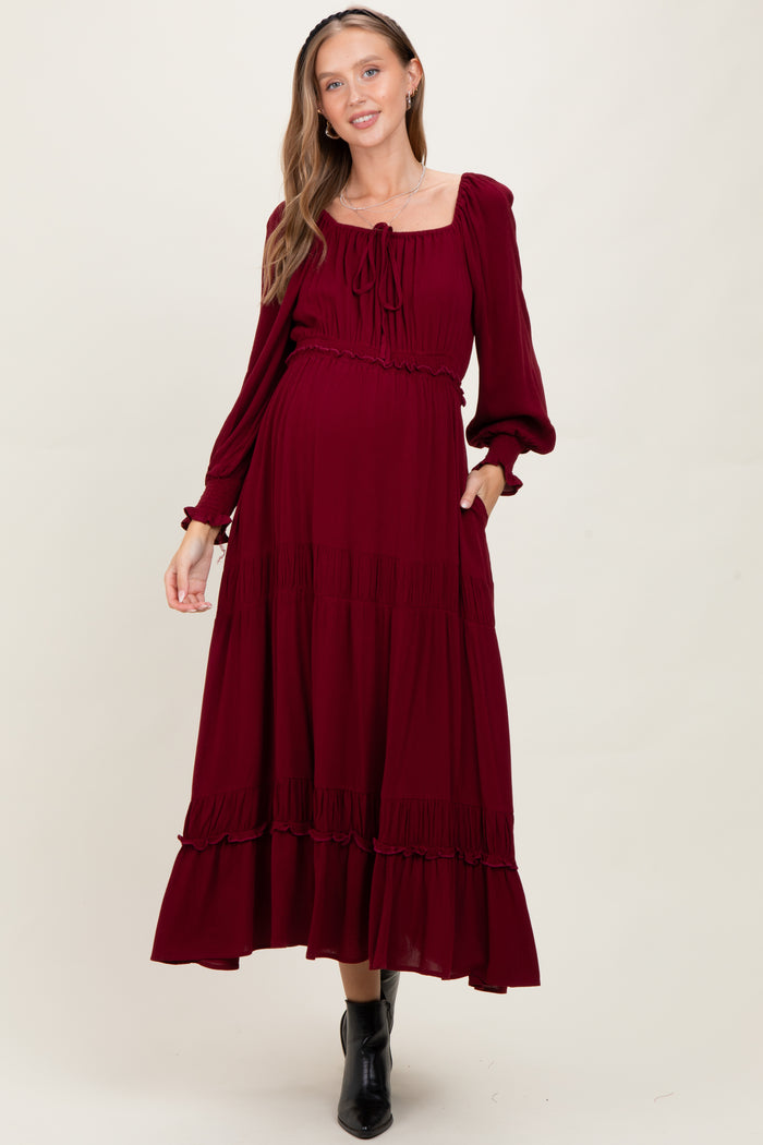 Burgundy Square Neck Long Sleeve Maternity Maxi Dress