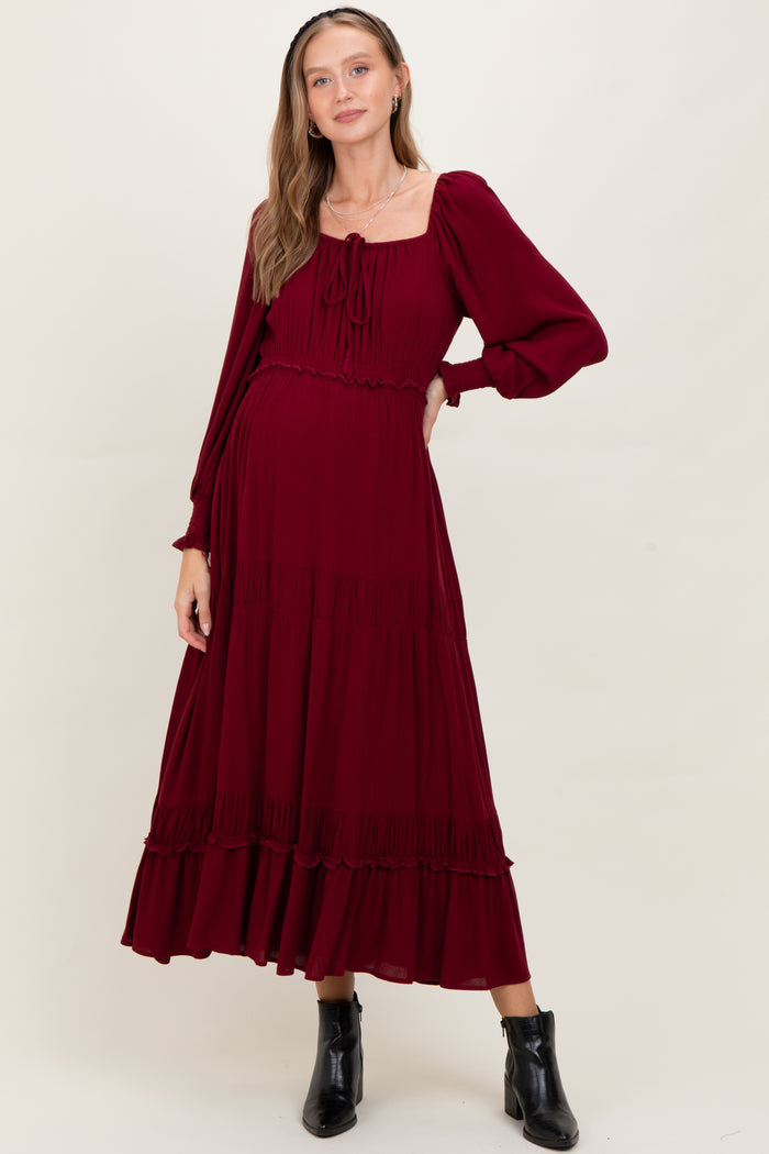 Burgundy Square Neck Long Sleeve Maternity Maxi Dress