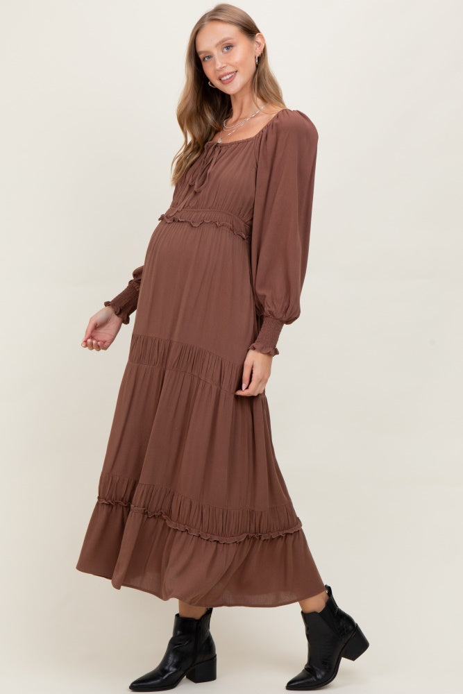 Mocha Square Neck Long Sleeve Maternity Maxi Dress
