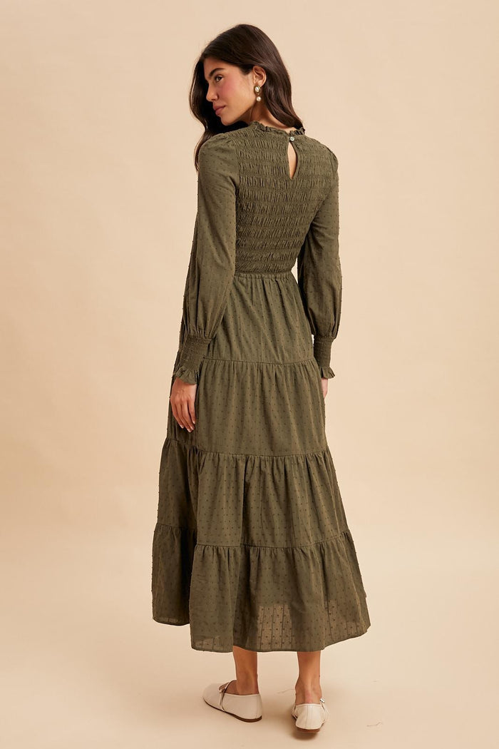 Olive Swiss Dot Smocked Tiered Maxi Dress