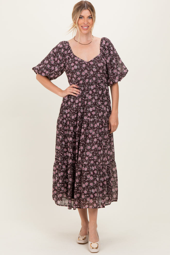 Brown Floral Sweetheart Neckline Puff Sleeve Maternity Maxi Dress