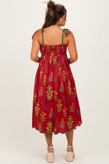 Rust Floral Scallop Edge Shoulder Tie Maternity Midi Dress