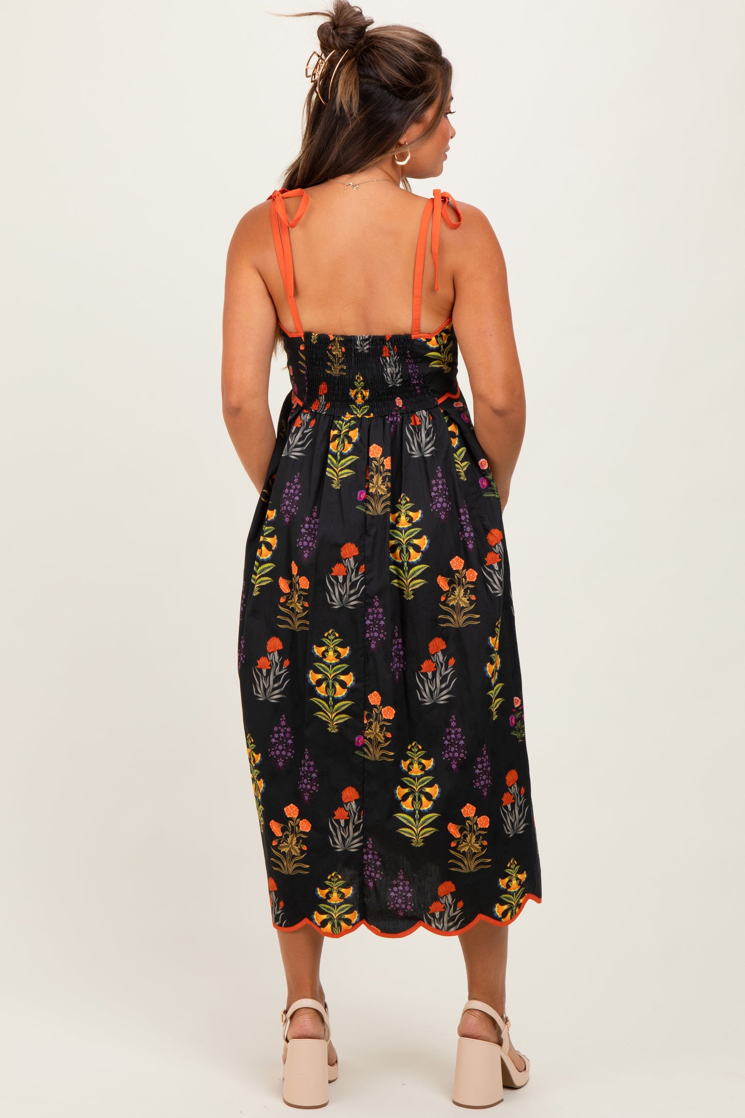 Black Floral Scallop Edge Shoulder Tie Maternity Midi Dress