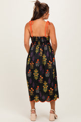 Black Floral Scallop Edge Shoulder Tie Maternity Midi Dress