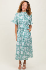 Light Olive Floral Ruffle Button Up Neckline Maternity Midi Dress