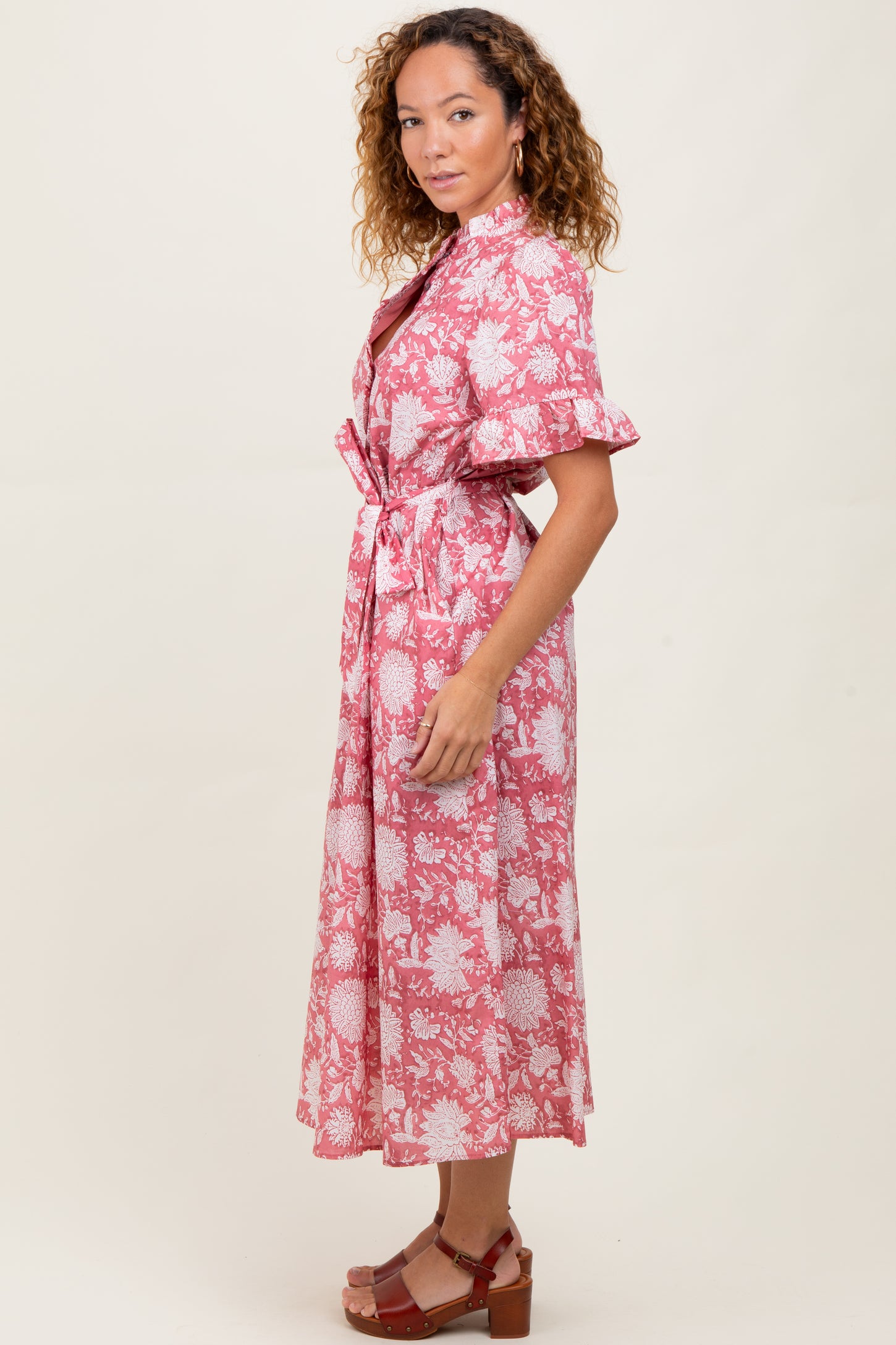 Pink Floral Ruffle Button Up Neckline Midi Dress