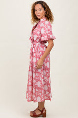 Pink Floral Ruffle Button Up Neckline Midi Dress