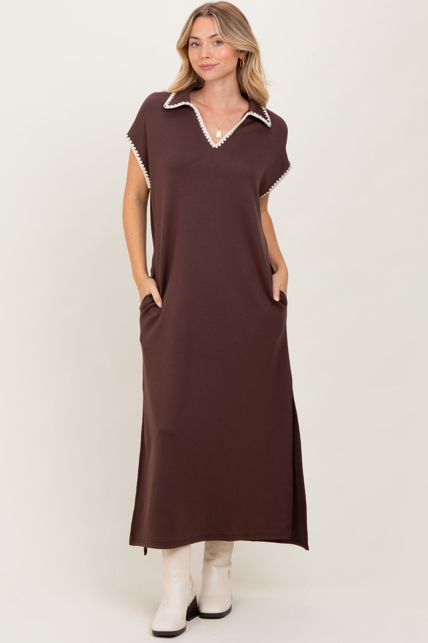 Brown Collared Stitch Detail Short Sleeve Midi Dress