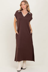 Brown Collared Stitch Detail Short Sleeve Midi Dress