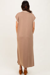 Mocha Collared Stitch Detail Short Sleeve Midi Dress