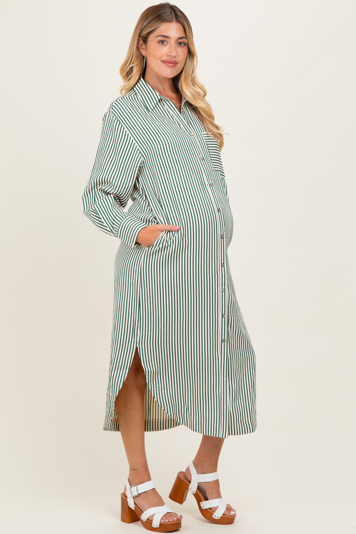 Forest Green Textured Stripe Button Down Maternity Shirt Dress