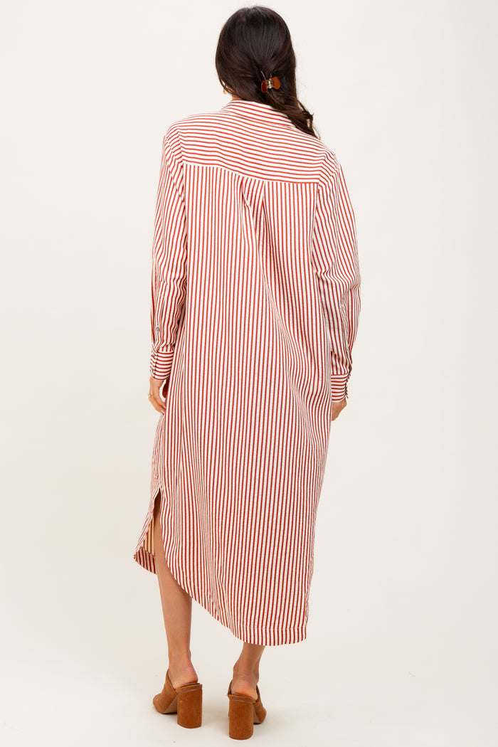 Rust Textured Stripe Button Down Shirt Dress