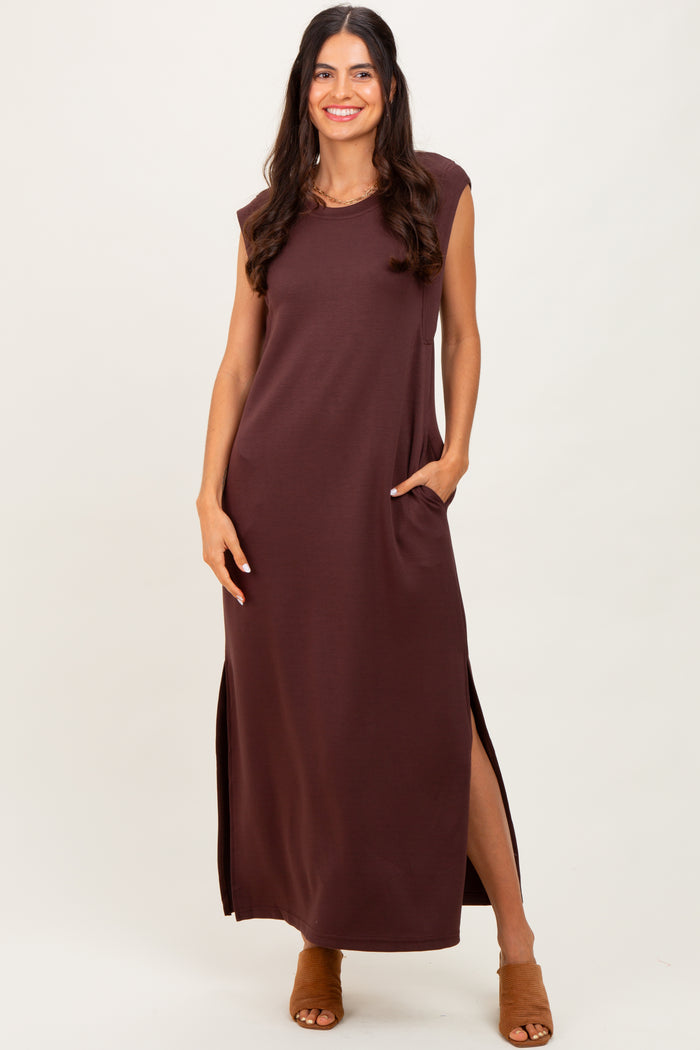 Brown Sleeveless Side Slit Maternity Midi Dress