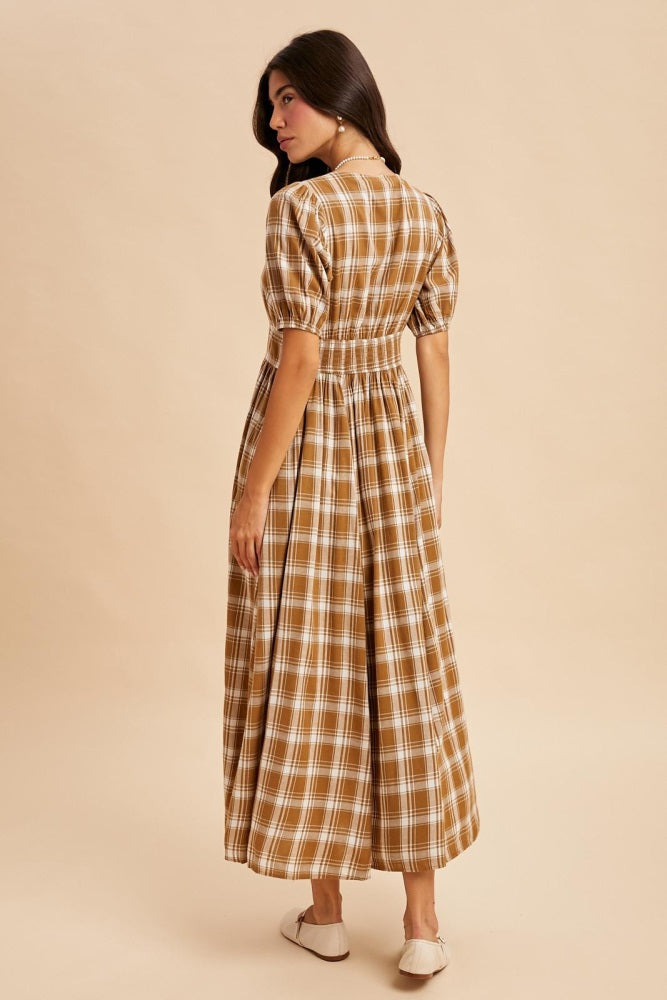 Camel Plaid Button Down Maxi Dress