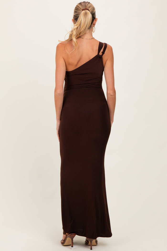Brown Double Strap One Shoulder Maternity Maxi Dress