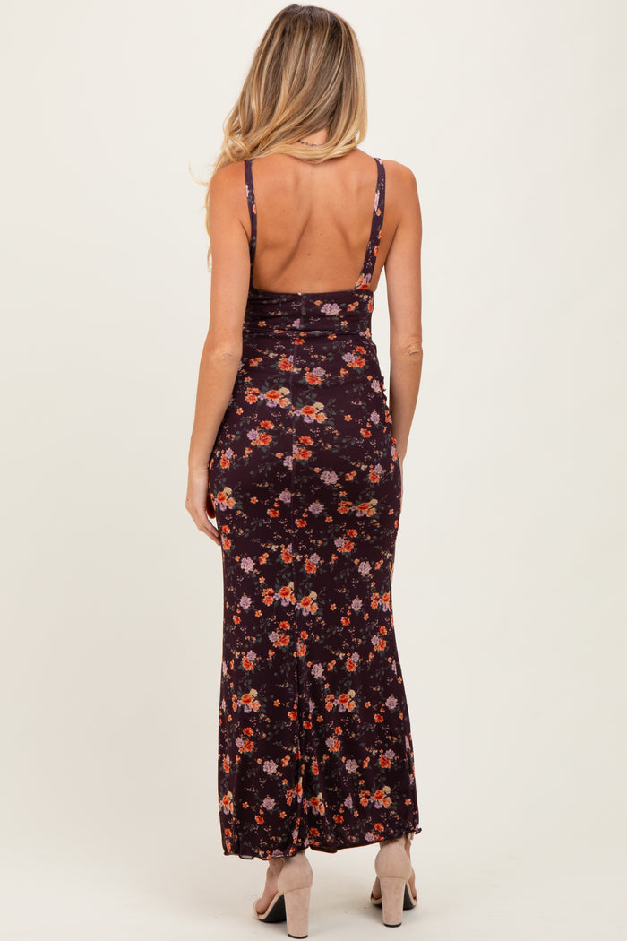 Brown Floral Deep V-Neck Sleeveless Maternity Maxi Dress
