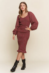 Burgundy Plaid Long Sleeve Bodycon Midi Dress