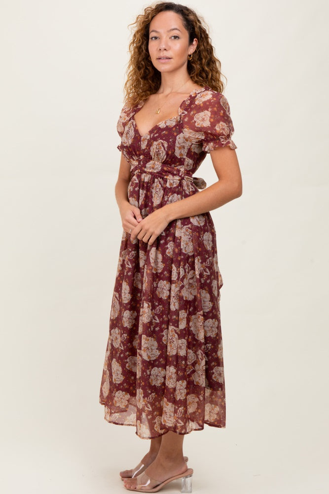 Burgundy Floral Chiffon Sweetheart Neckline Midi Dress