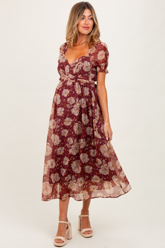 Burgundy Floral Chiffon Sweetheart Neckline Maternity Midi Dress