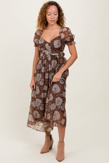 Brown Floral Chiffon Sweetheart Neckline Midi Dress
