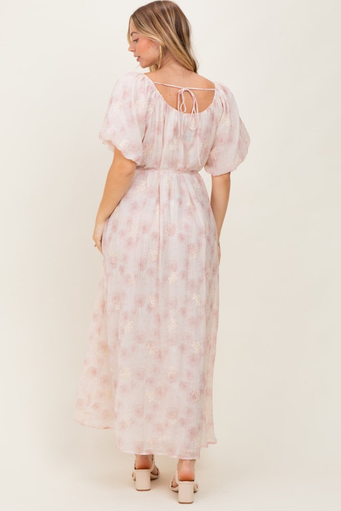 Ivory Floral Embroidered Puffed Sleeve Midi Dress