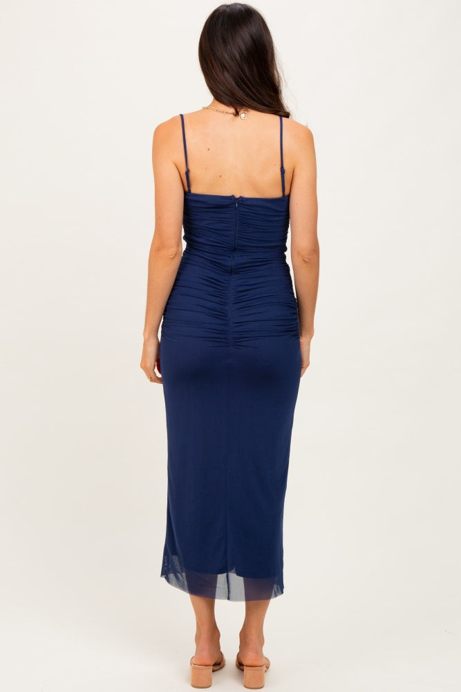Navy Mesh Ruched Sleeveless Midi Dress