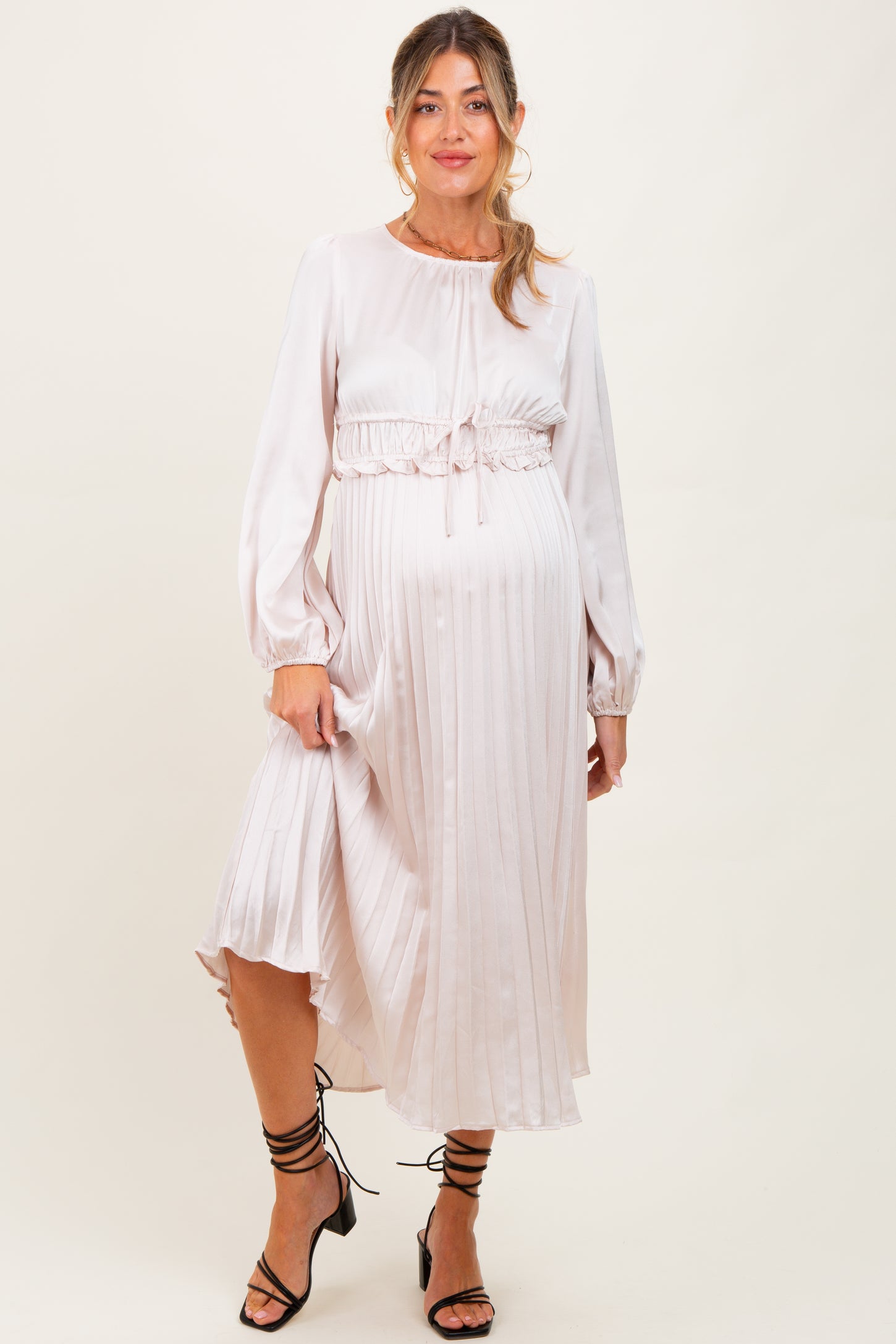 Cream Pleated Empire Waist Maternity Midi Dress
