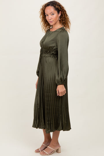 Olive Pleated Satin Smocked Waist Midi Dress