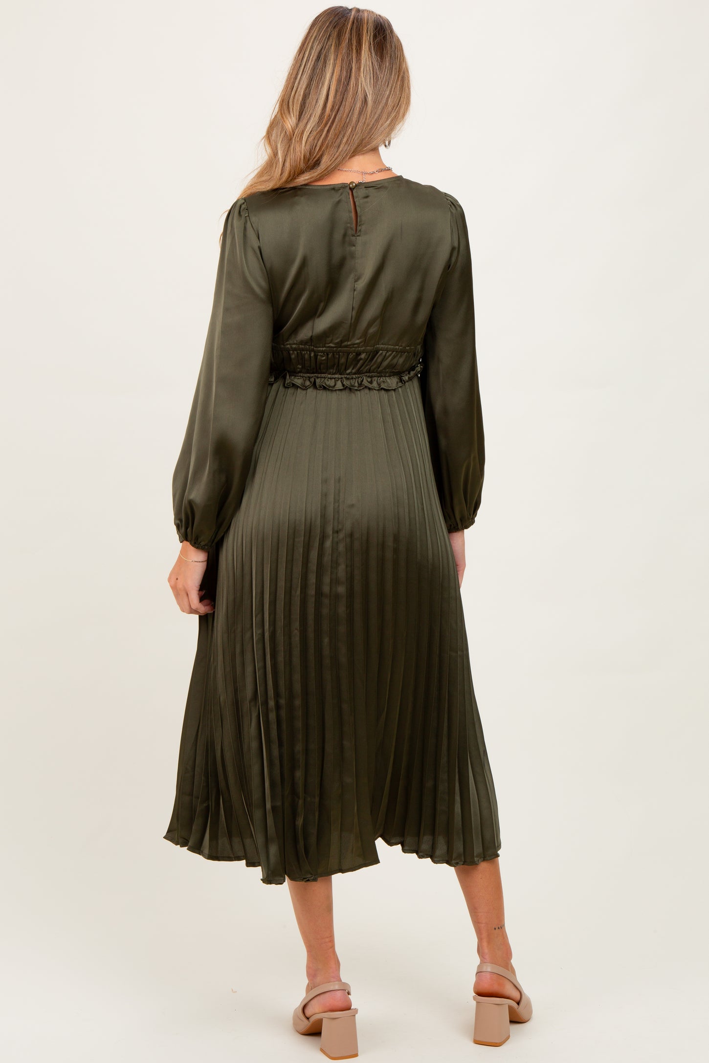 Olive Pleated Satin Smocked Waist Maternity Midi Dress