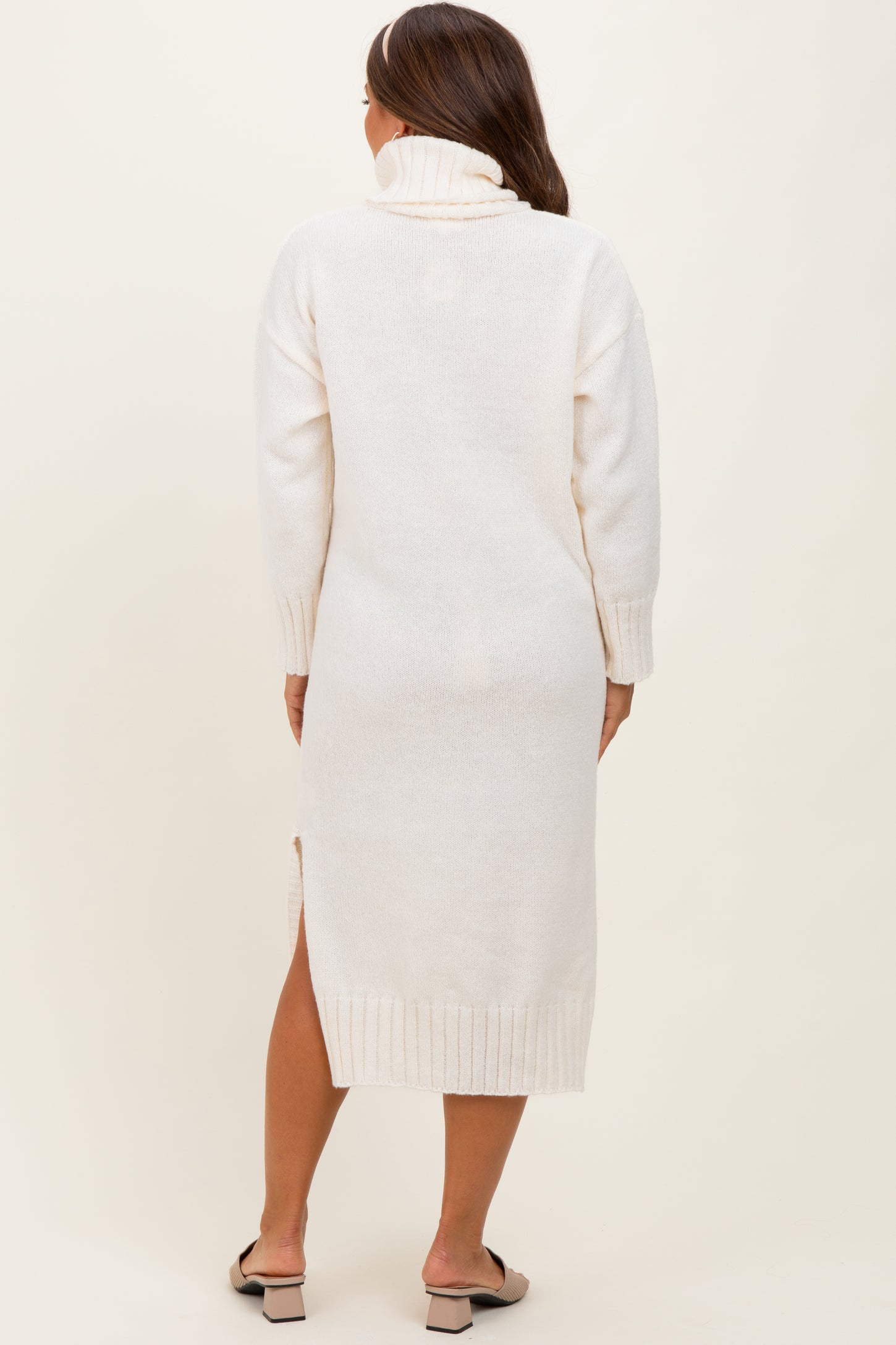Cream Turtleneck Chunky Knit Maternity Midi Sweater Dress