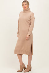 Camel Turtleneck Chunky Knit Midi Sweater Dress